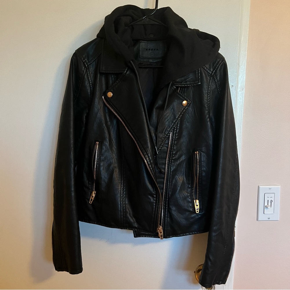 Blank NYC Black Faux Leather Jacket with Removable Hood SZ M